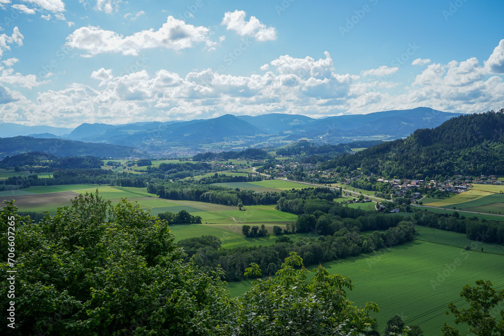 Idyllic and iconic austrian landscape: wonderful panoramic view into surrounding landscape from Castle Hochosterwitz in Carinthia in Austria