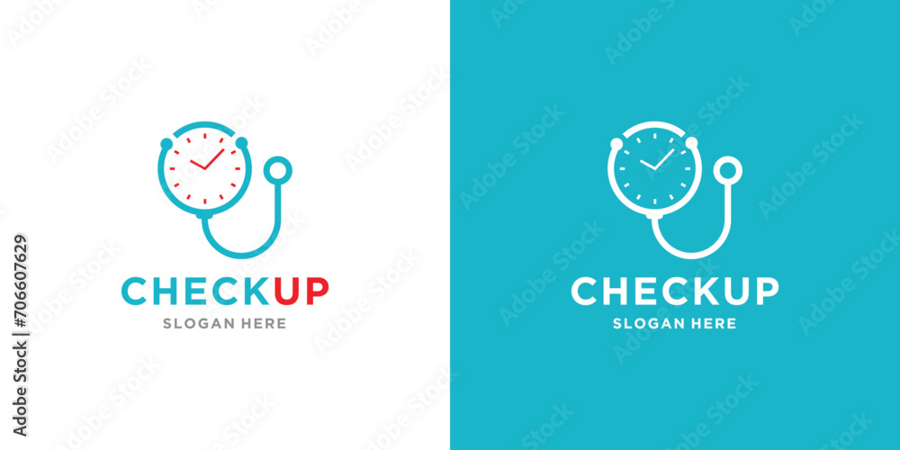Medical examination time vector logo template. combination of stethoscope and time clock symbol - obrazy, fototapety, plakaty 