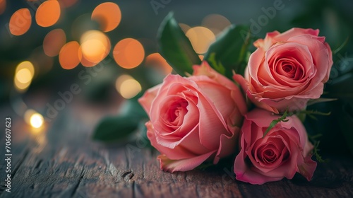 Pink bouquet Roses on wooden table and Warm Bokeh Lights. 