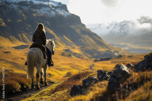 Frau mittleren Alters, Islandpony auf isländischer Landschaft photo