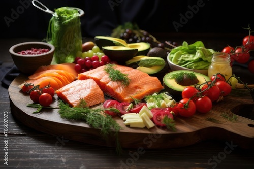 Healthy dinner illustration. Avocado with fish and vegetables on wooden plate. Vegetarian nutrition. Dish with salmon and vegetables. Restaurant, cafe menu drawing. Vegan food