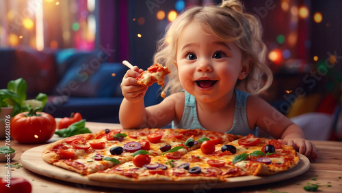 A happy little girl eating pizza