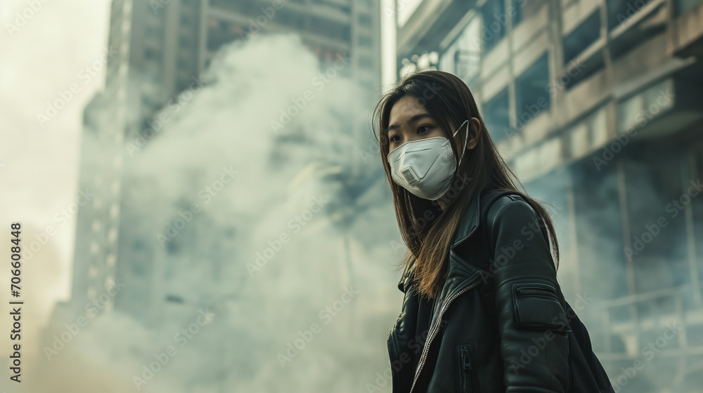 Woman wearing a mask in a city full of PM 2.5, AI Generative Woman wearing a mask in a city full of PM 2.5, AI Generative