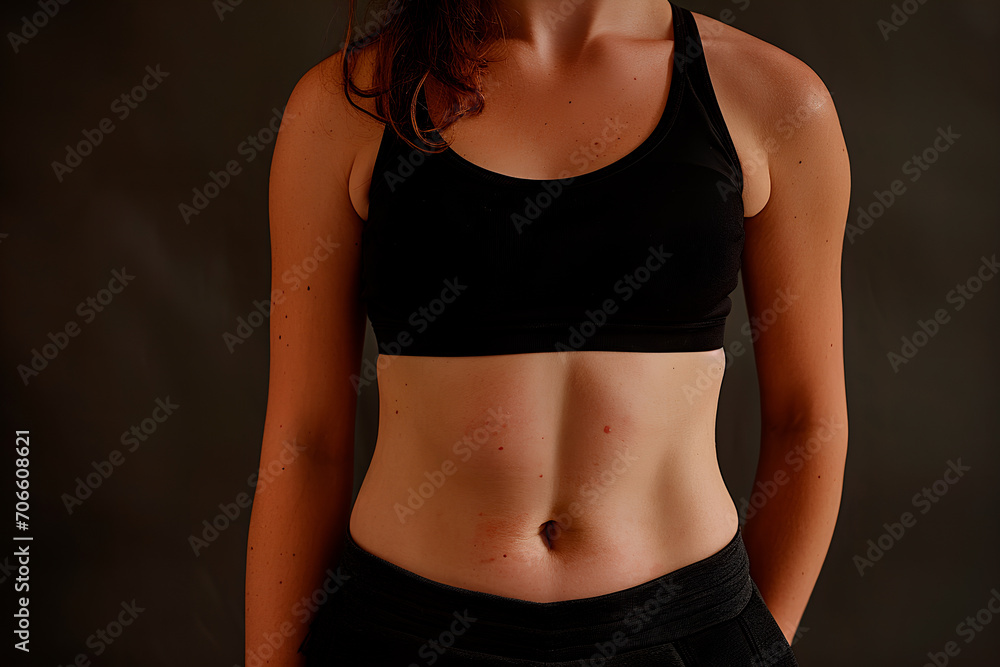 A frontal view of a female abdomen devoid of tattoos, showcasing goosebumps, natural belly contours, and realistic skin texture, without any costumes. A frontal view of a female abdomen devoid of tattoos, showcasing goosebumps, natural belly contours, and realistic skin texture, without any costumes.