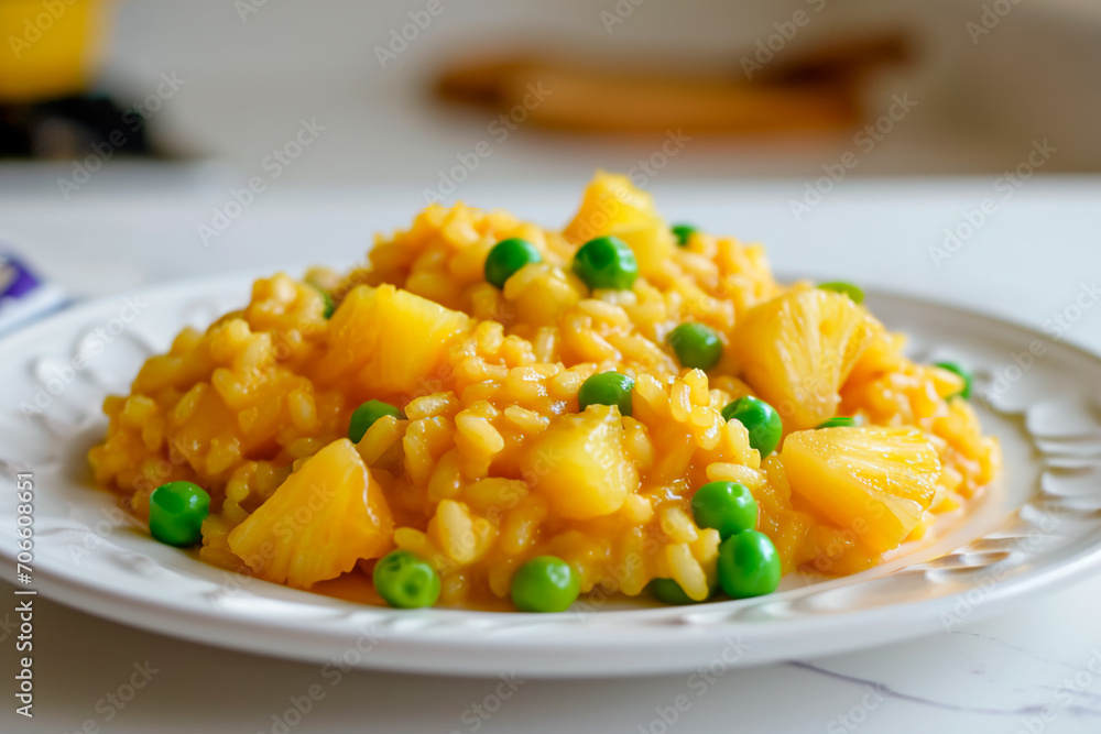 Curried risotto with peas and pineapple chunks presented on a white countertop Curried risotto with peas and pineapple chunks presented on a white countertop