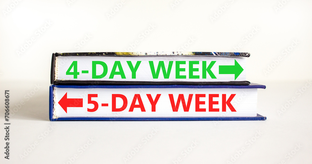5 or 4 day week symbol. Concept word 5-day week or 4-day week on beautiful books. Beautiful white table white background. Business and 5 or 4 day week concept. Copy space.