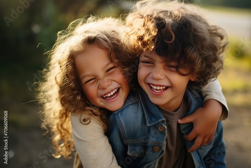 Tableau sur toile Portrait of adorable brother and sister smile and laugh together while sitting outdoors