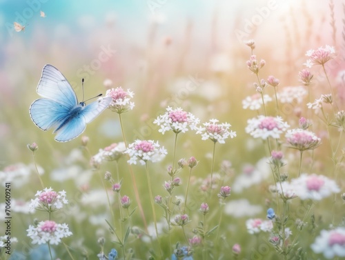 Delightful pastoral airy artistic image. beautiful enchanting meadow in the morning with a butterfly close-up.
