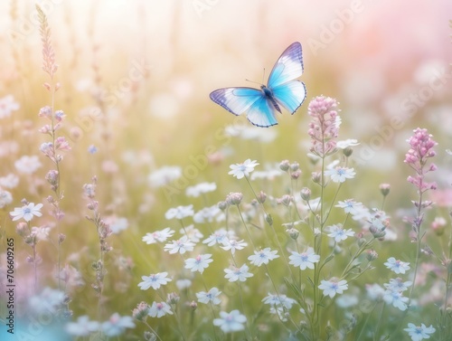 Delightful pastoral airy artistic image. beautiful enchanting meadow in the morning with a butterfly close-up. © Sandris