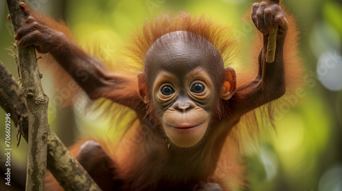 Baby orangutan swinging in tree, AI Generative.