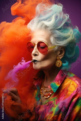elderly woman with smoke in her hair, in the style of light multicolor