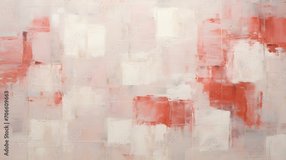 Abstract Oil Painting with overlapping Squares in white and light red Colors. Artistic Background with visible Brush Strokes
