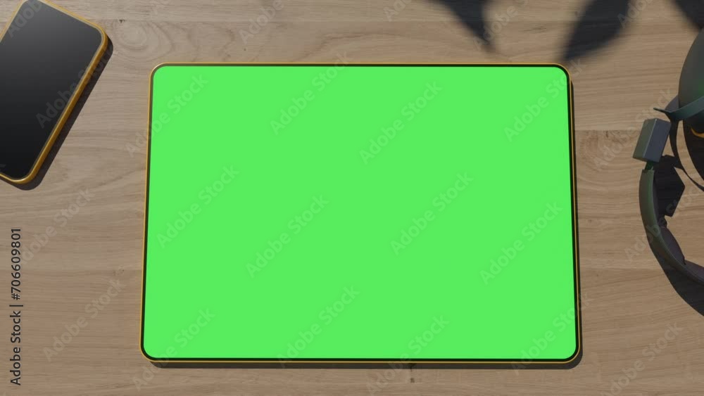 the graphics tablet lies on a wooden table, the video with the camera motion effect has a green screen with shadows from the foliage the graphics tablet lies on a wooden table, the video with the camera motion effect has a green screen with shadows from the foliage