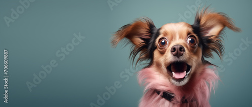 Surprised Long-Haired Dog with Ears Up on Teal Background