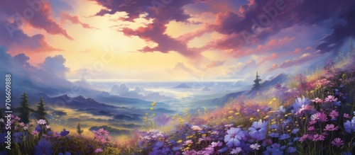 The blooming blue and purple flowers look beautiful, surrounded by nature, sky, and sun. © AkuAku