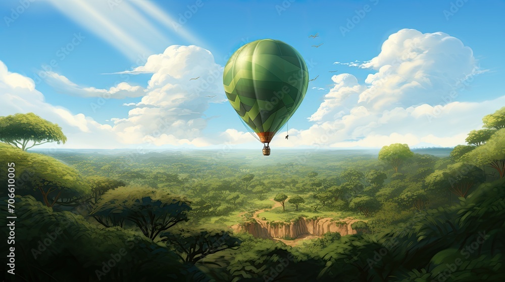 A green balloon is flying in the green mountains