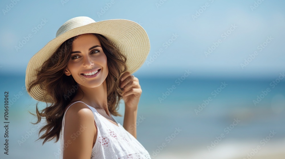 Happy young woman with dark hair wearing a white hat and white dress on blurred seascape background, Copy space
