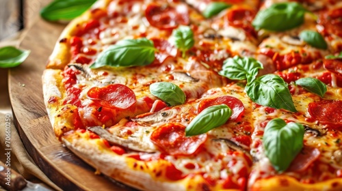 Close Up of Delicious Pizza on Cutting Board - Freshly Baked  Tasty  Appetizing Italian Dish