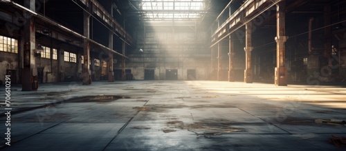 Deserted factory: Spacious vacant industrial space with waste.