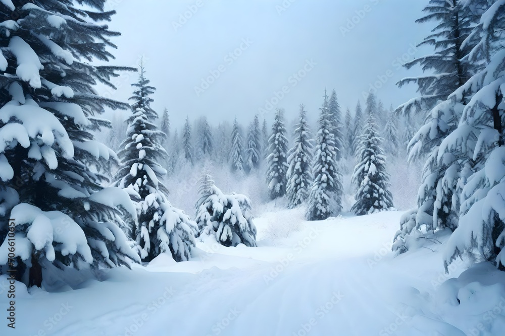 Snowfall in winter forest.Beautiful landscape with snow covered fir trees and snowdrifts.Merry Christmas and happy New Year greeting background with copy-space.Winter fairytale.  