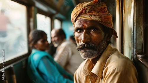 An old man from East India takes a train. Created with Generative Ai technology. photo