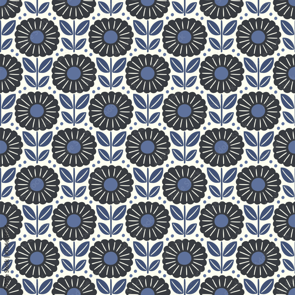Fototapeta premium Hand drawn seamless pattern with decorative doodle flowers, repeat pattern with flowers and leaves