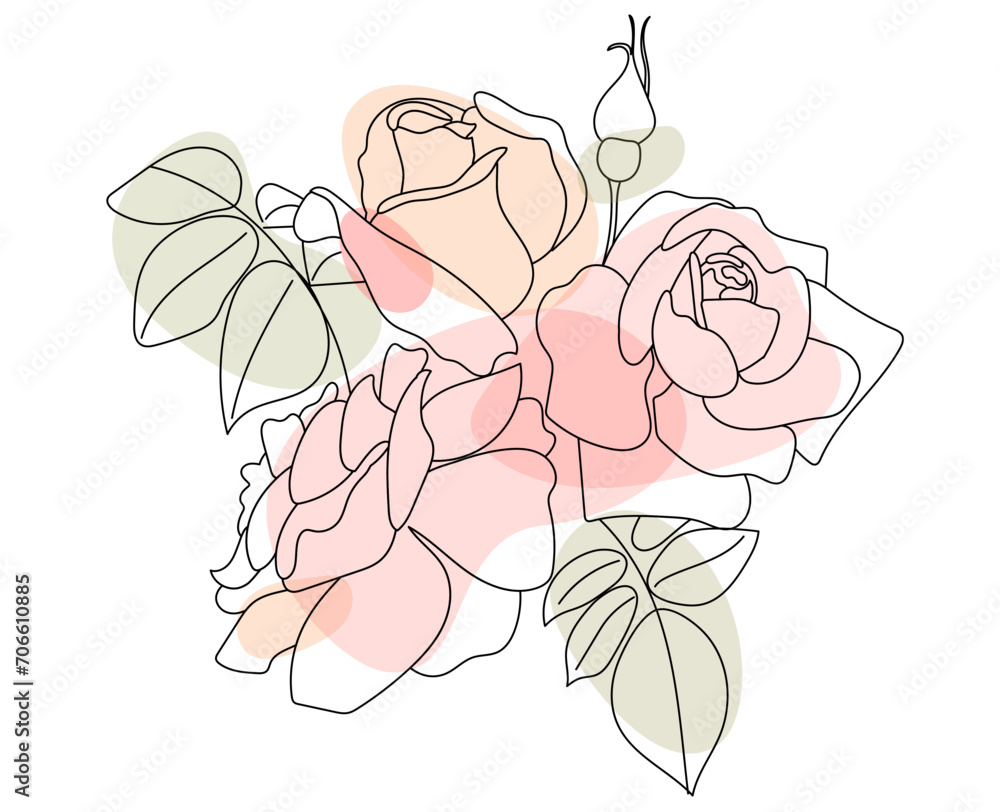 beautiful of  bouquet rose and leaves in outline style. Floral arrangement isolated on background design greeting card and invitation of the wedding, birthday, Valentine s Day, mother s day
