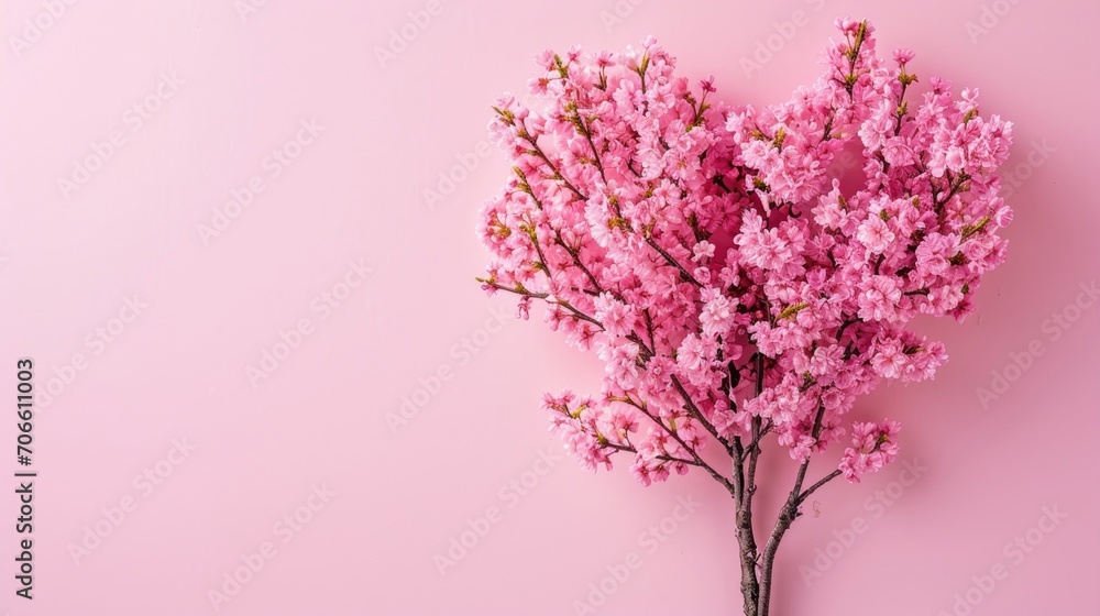 Fototapeta premium A flourishing pink cherry blossom hear-shaped tree isolated against a solid pink background.