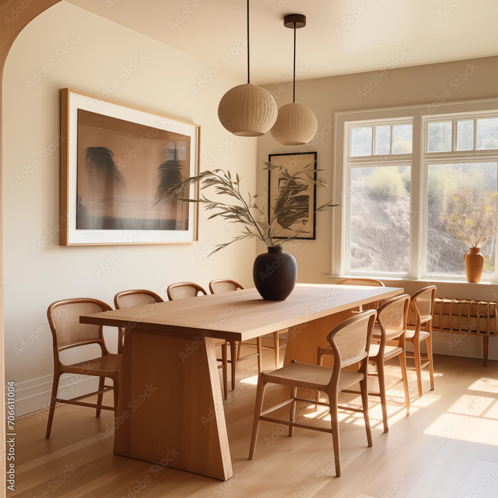 This modern dining room marries clean architectural lines with organic decor, enhanced by soft lighting and curated artistic elements This modern dining room marries clean architectural lines with organic decor, enhanced by soft lighting and curated artistic elements