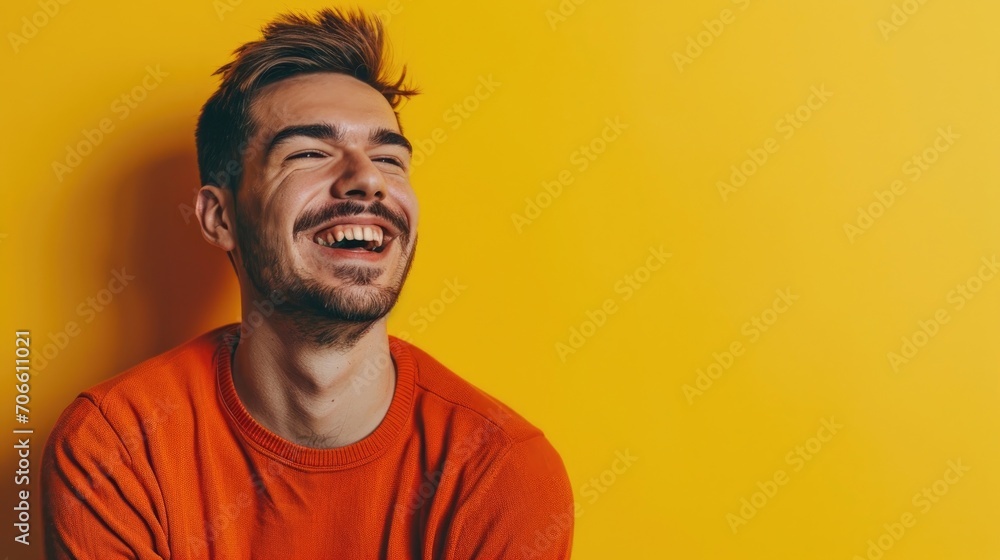 A young man in an orange shirt laughs joyfully against a yellow background, capturing a moment of genuine happiness and carefree spirit. A young man in an orange shirt laughs joyfully against a yellow background, capturing a moment of genuine happiness and carefree spirit.