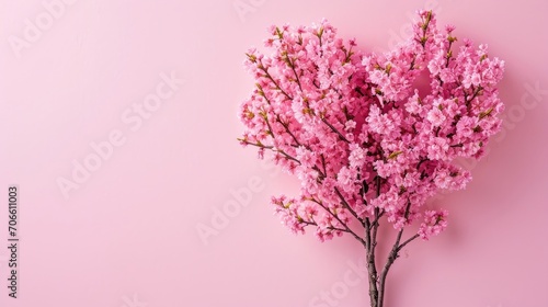 A flourishing pink cherry blossom hear-shaped tree isolated against a solid pink background.