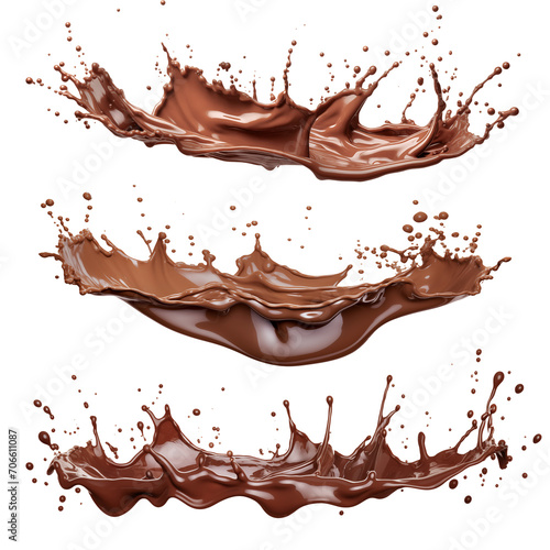 Set of a chocolate splashes isolated on white or transparent background. Close-up of a splash of fresh milk chocolate. An element to be inserted into a design or project.