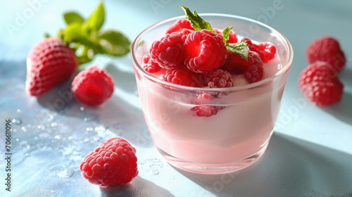 Yogurt with raspberries in a clear bowl, additional raspberries and mint leaves around.