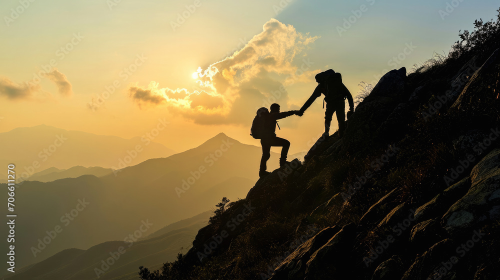 Silhouette photo of mountain climber helping his friend to reach the summit, showing business teamwork, unity, friendship, harmonious concept.	