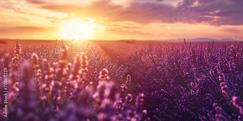 As the Sun Sets, a Fragrant Lavender Field: Organic Farming Yields Blooming Purple Beauty and Sweet Perfume, a Feast for the Senses, Generative AI