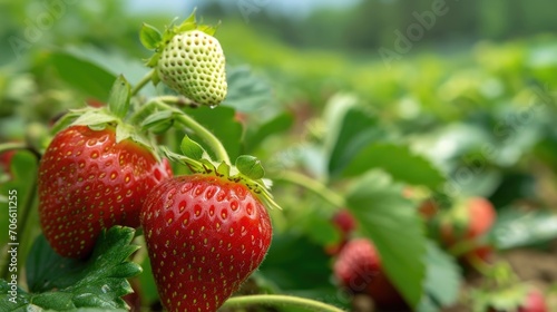 Ripe strawberry on the plant, with a blurred green background in a strawberry field