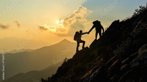 Silhouette photo of mountain climber helping his friend to reach the summit  showing business teamwork  unity  friendship  harmonious concept. 