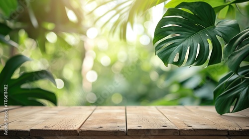 Wooden Table With Green Plant in Background