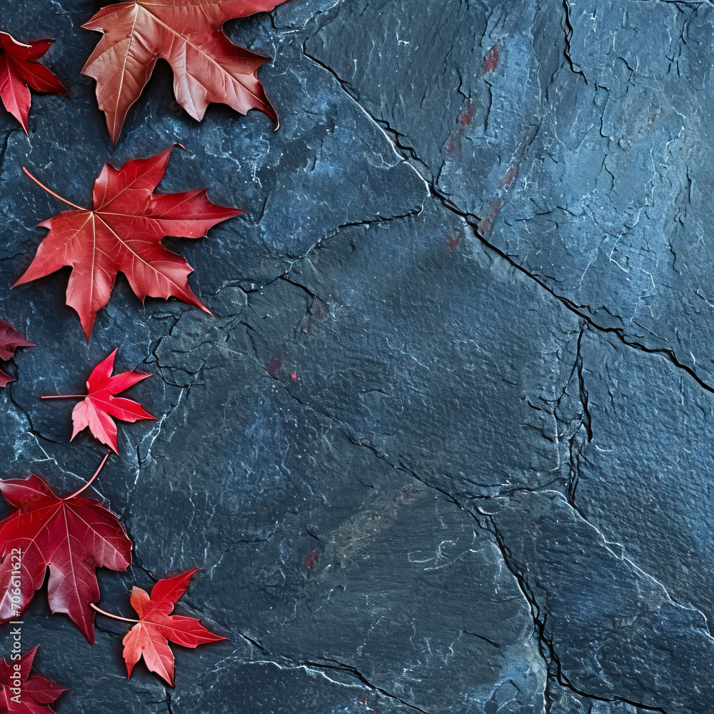 Autumn Elegance: Stone Background Adorned with HD Red Leaves - Generative AI