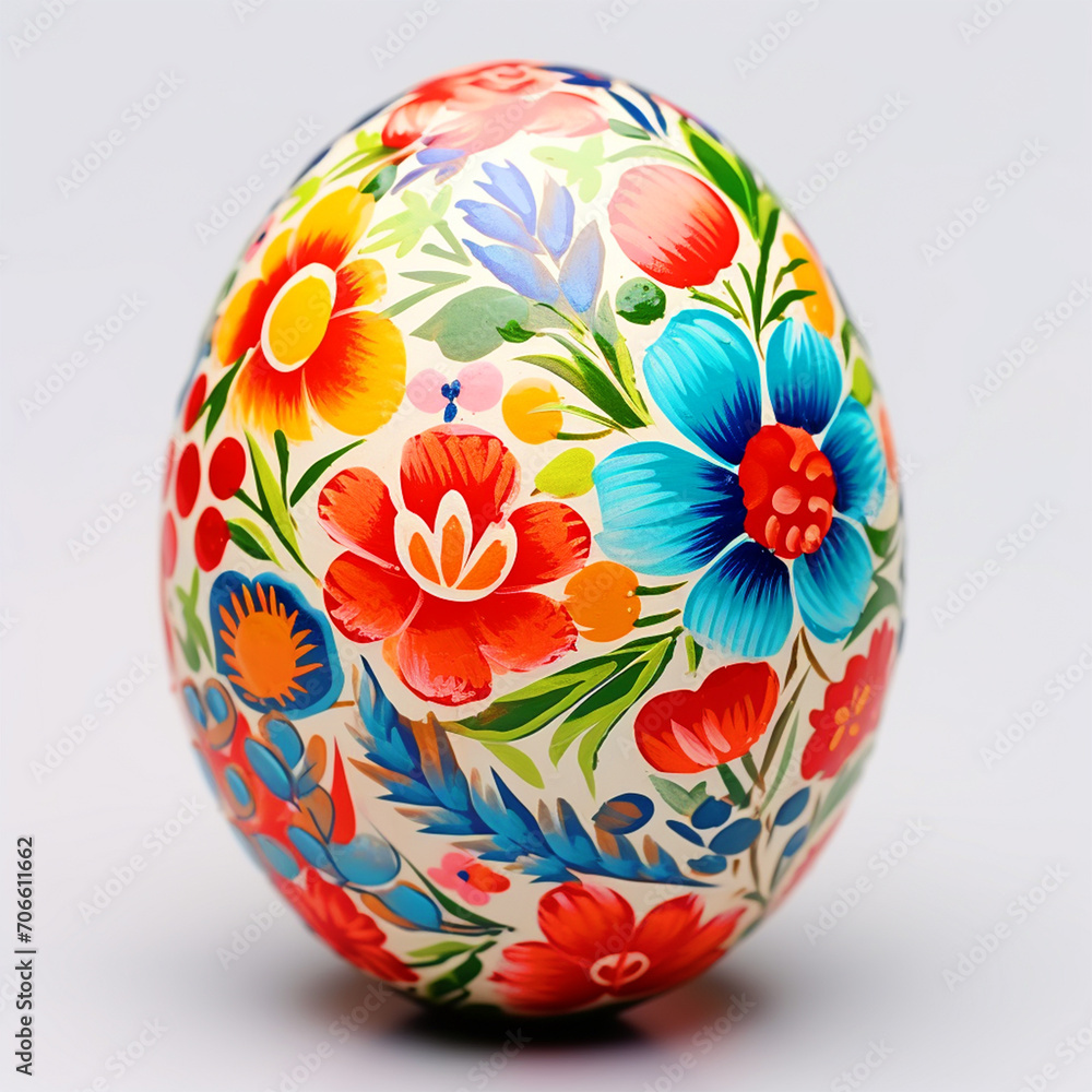 Colorful flowers painted Easter egg on white isolated background - ai generative Colorful flowers painted Easter egg on white isolated background - ai generative