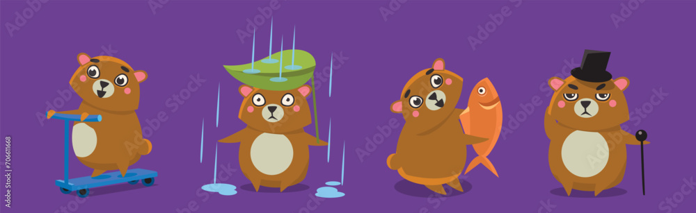 Funny Brown Bear Character Engaged in Different Activity Vector Set Funny Brown Bear Character Engaged in Different Activity Vector Set