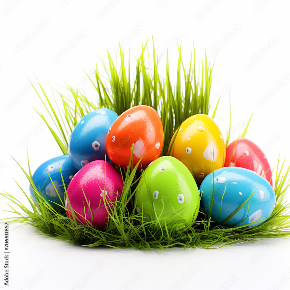 Colorful painted Easter eggs with green grass on white isolated background - ai generative