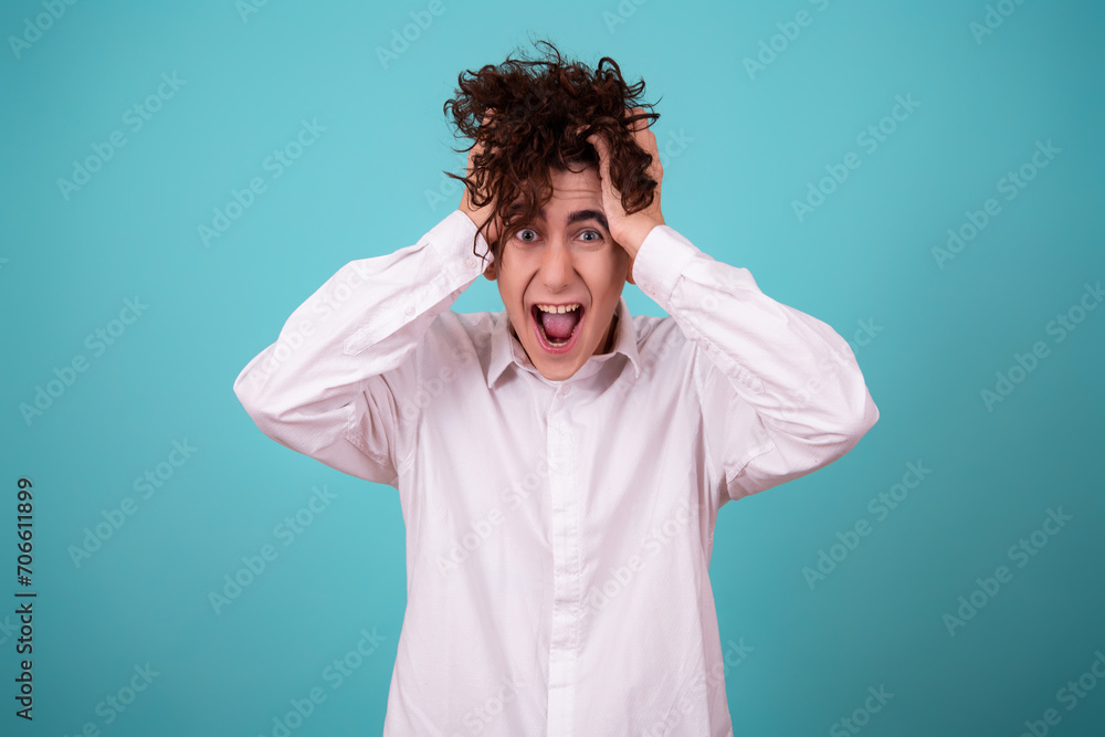 Global crisis and stupid government. A funny guy and his problems. Blue background. Global crisis and stupid government. A funny guy and his problems. Blue background.