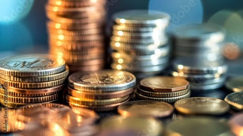Pile of Coins on Table, Money Stacked High, Financial Wealth and Savings