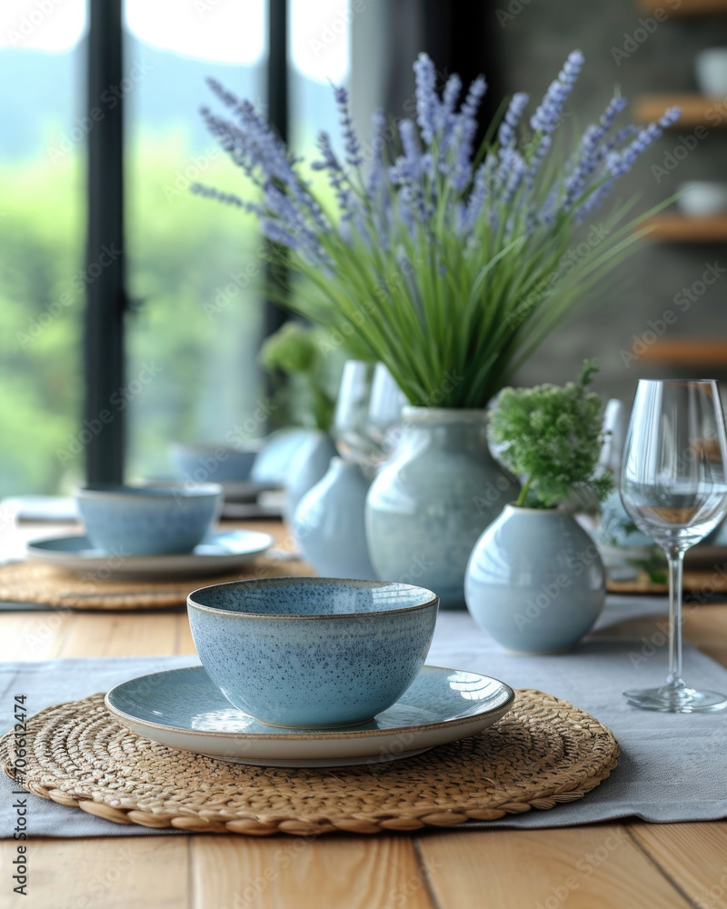 table setting. shades of blue dining table setup with blurry white background with copy space, depth of field, green plants