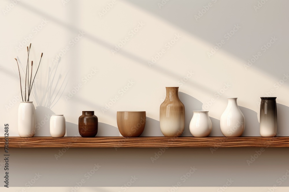 Row of Vases on Wooden Shelf