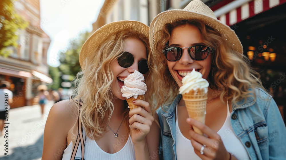 Beautiful women eating ice cream in walk