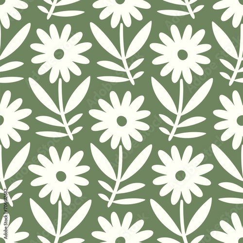 Hand drawn seamless pattern with decorative doodle flowers, repeat pattern with flowers and leaves