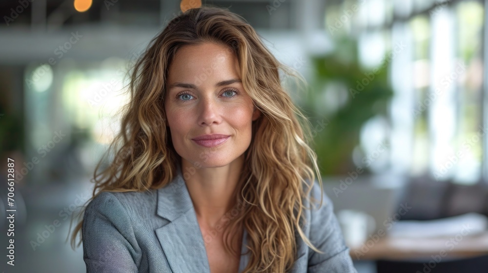 portrait of a woman with blond long hair in cafe