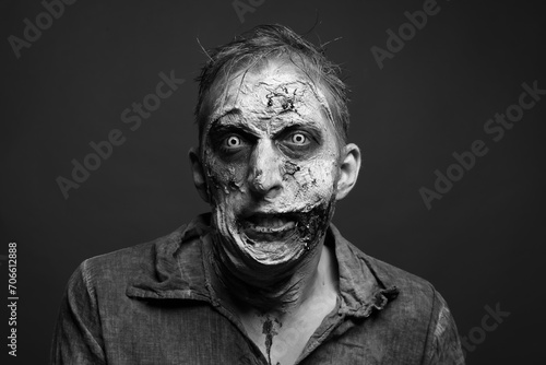 Фотография Scary zombie on dark background, black and white effect